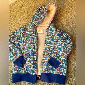 Mini Boden cozy hooded zip up sweatshirt. Floral with fuzzy inside, 9-10